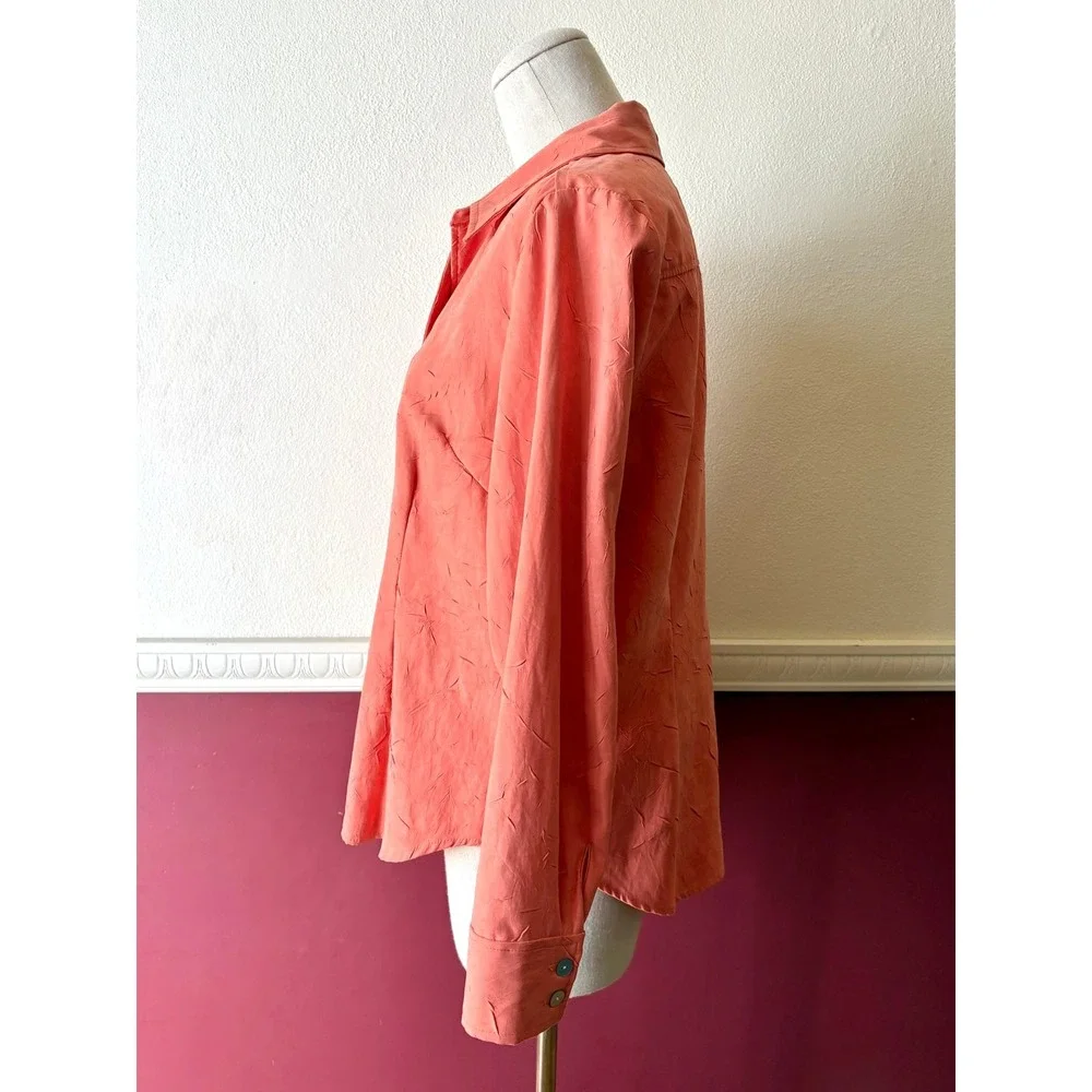 Coldwater Creek Coral Orange Crinkle Texture Button Up Top Women's Petite M Chic
